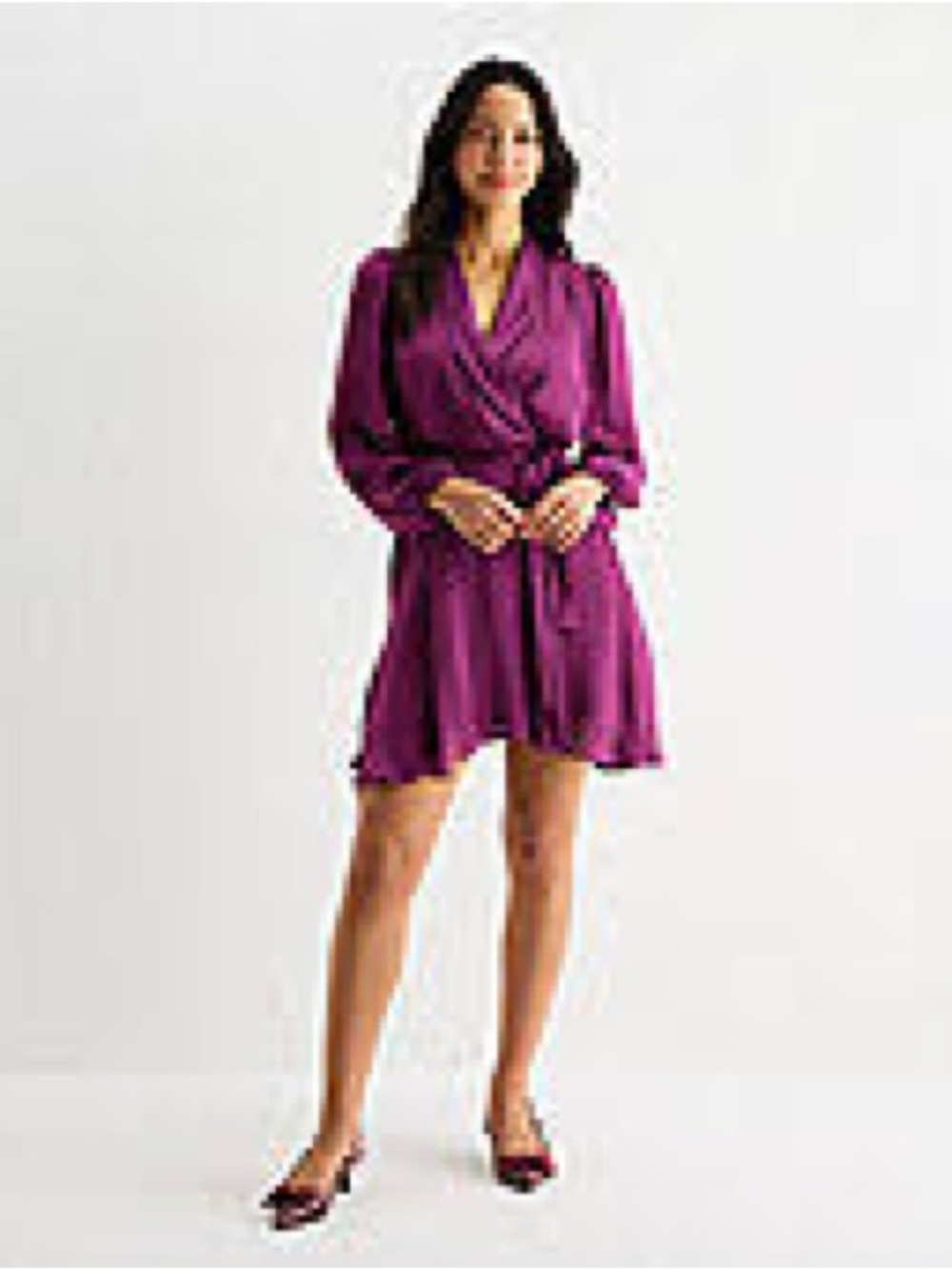 NWT Melonie T Satin Faux-Wrap Mini Dress – Mulberry/Plum (Size 2)